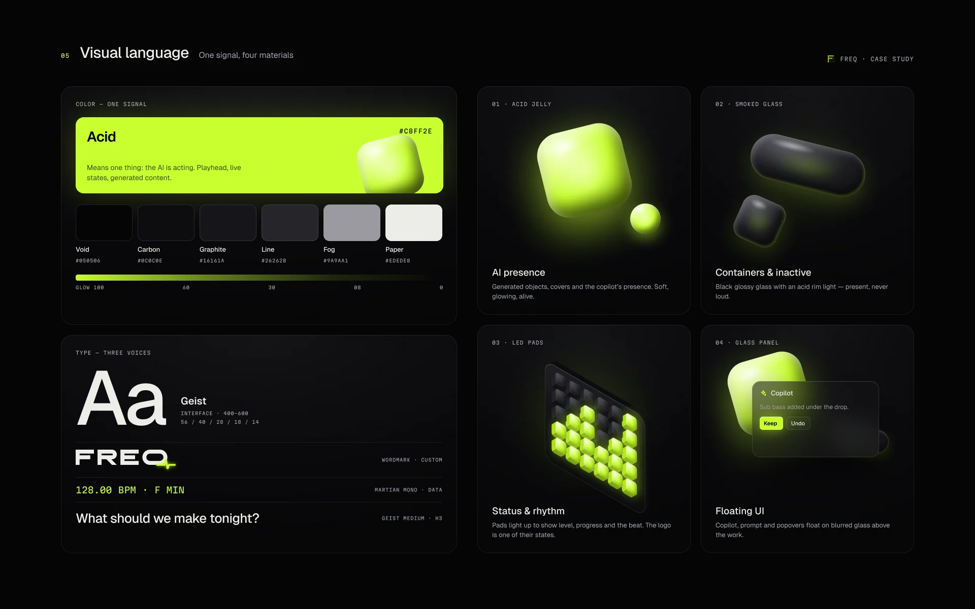 FREQ visual language: acid and smoked-glass swatches, Geist type specimen, 3D materials and the waveform motif.