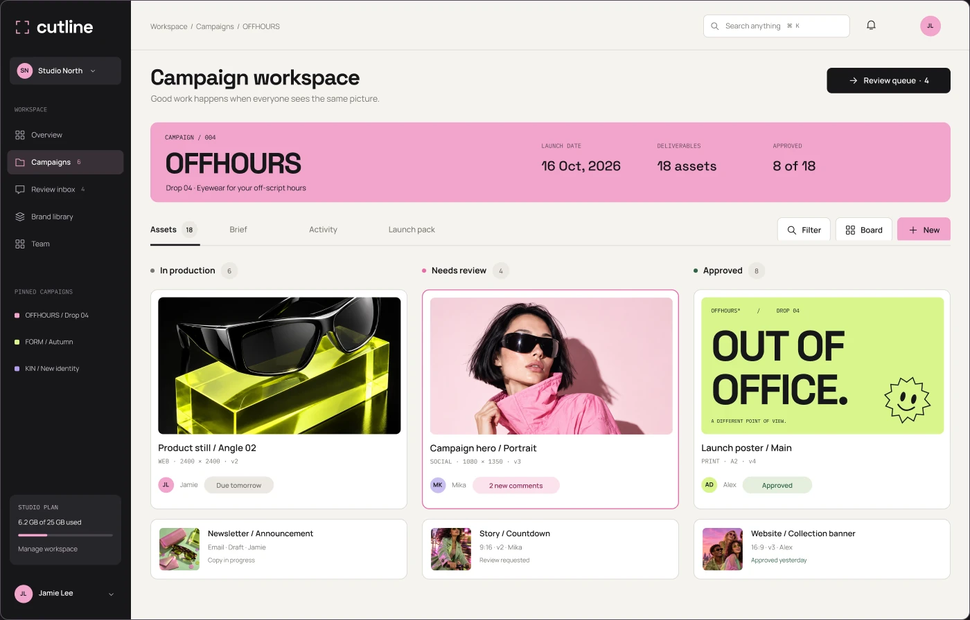 The CUTLINE campaign board for OFFHOURS Drop 04: a pink campaign header, then assets sorted into In production, Needs review and Approved.