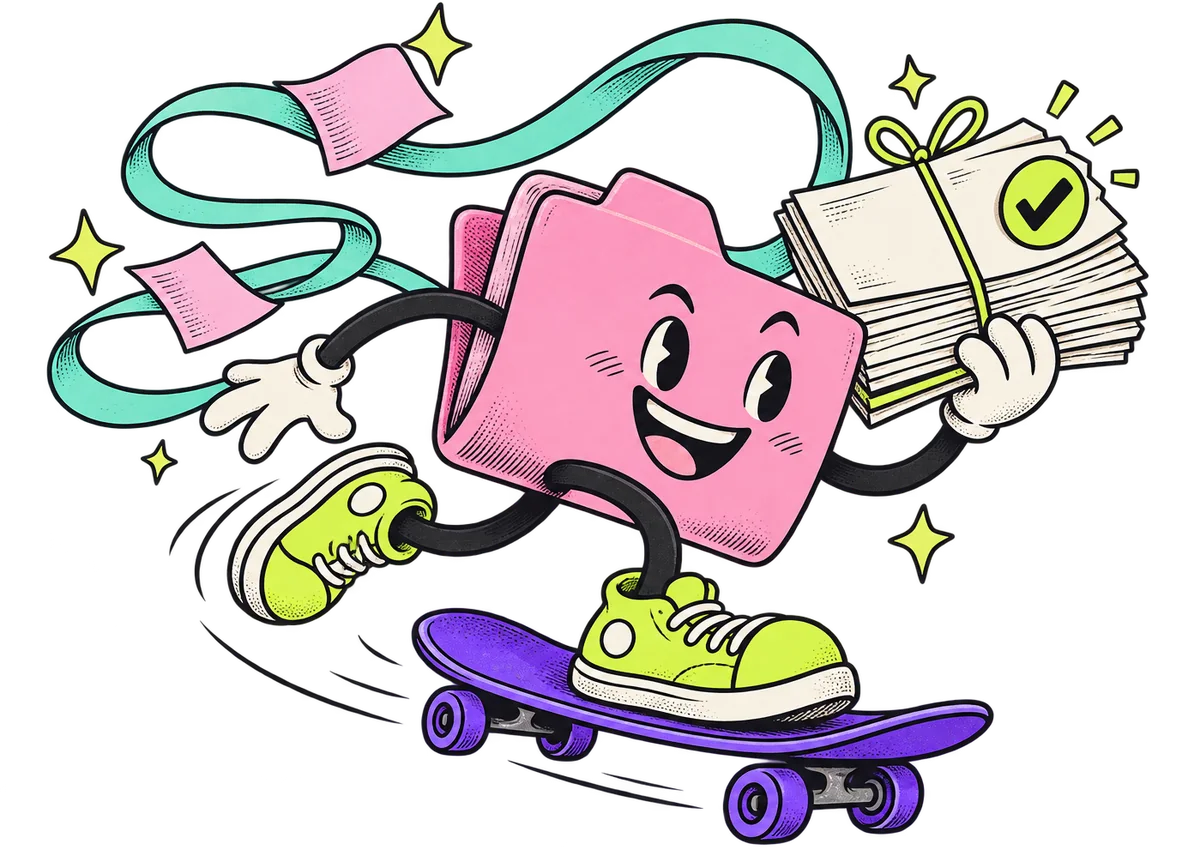 The release courier, a pink folder on a skateboard carrying a wrapped stack of approved files.