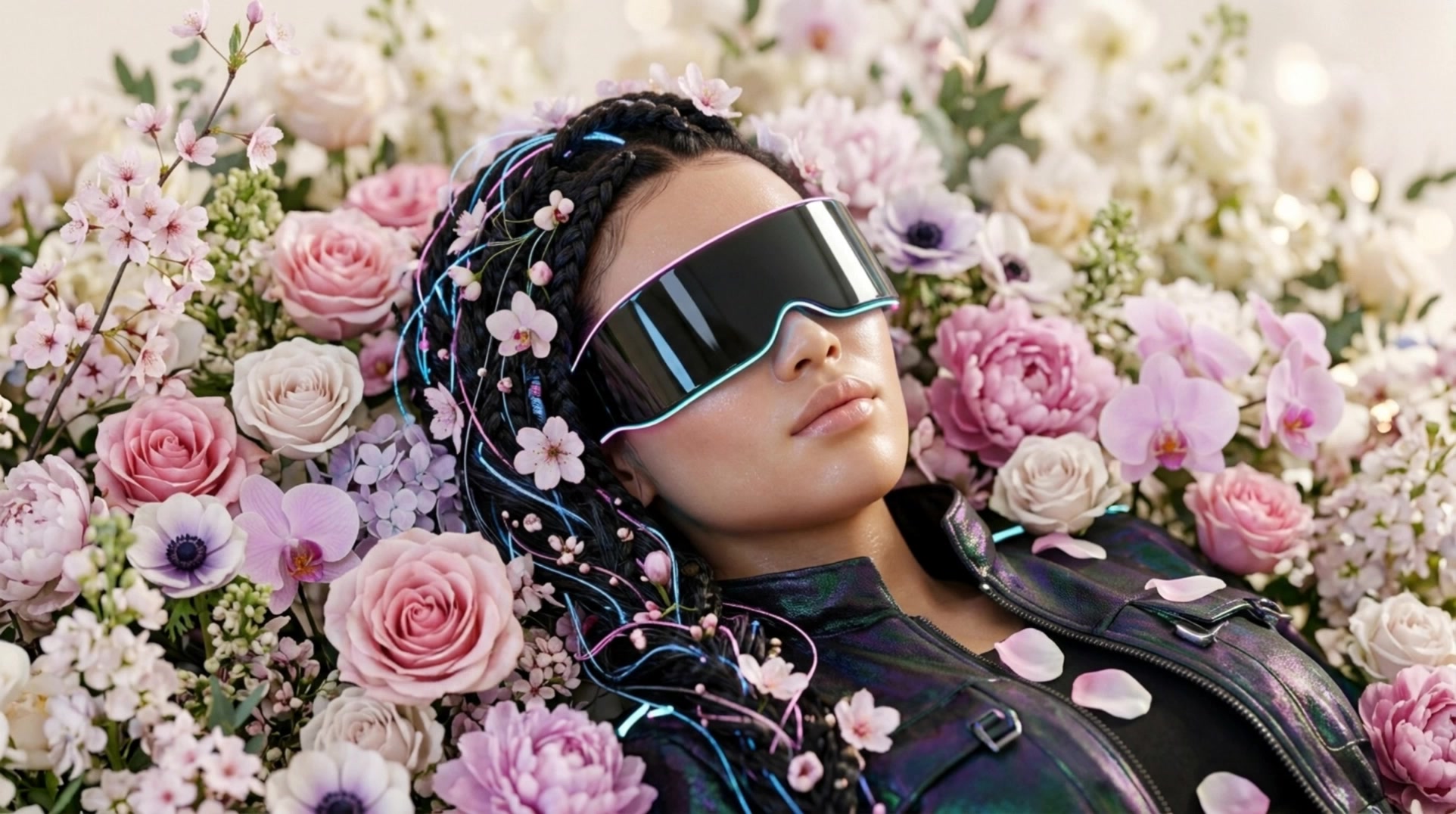 A person in a luminous visor and braided hair threaded with light, cradling a glowing pomegranate amid a bed of roses, peonies and orchids.