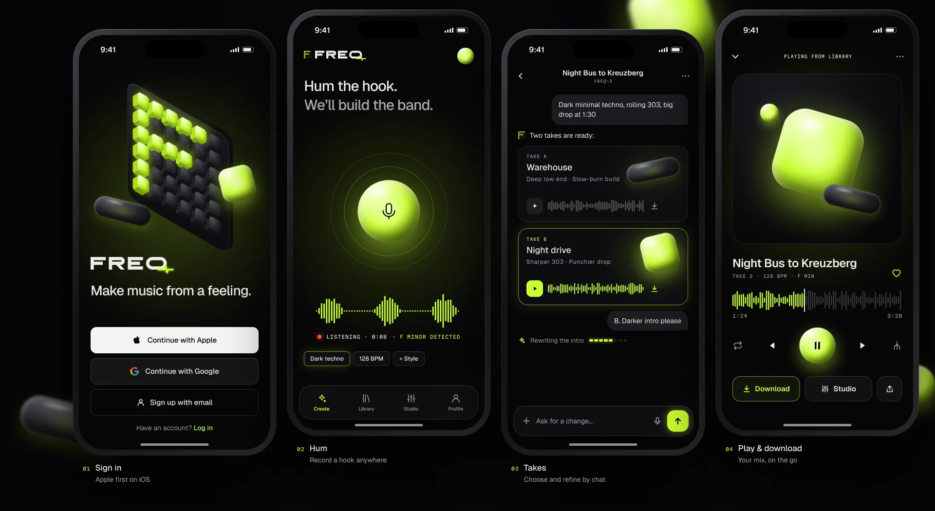 Four iPhone screens: sign in, hum a hook with a glowing microphone, choose between two takes in chat, and play the finished track.