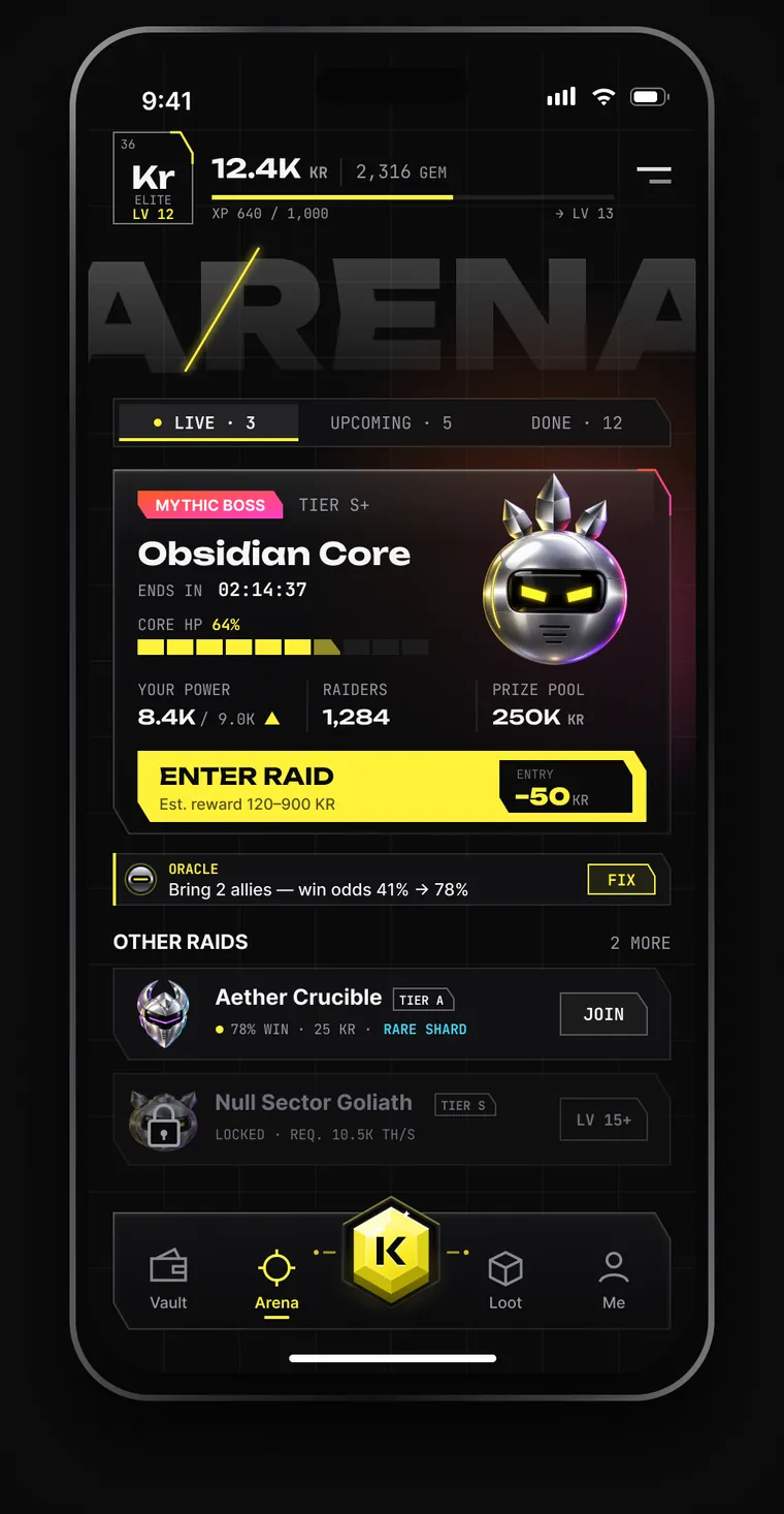 Arena: the featured mythic boss Obsidian Core with 64% HP, raiders, prize pool and an Enter raid button, plus other raids below.