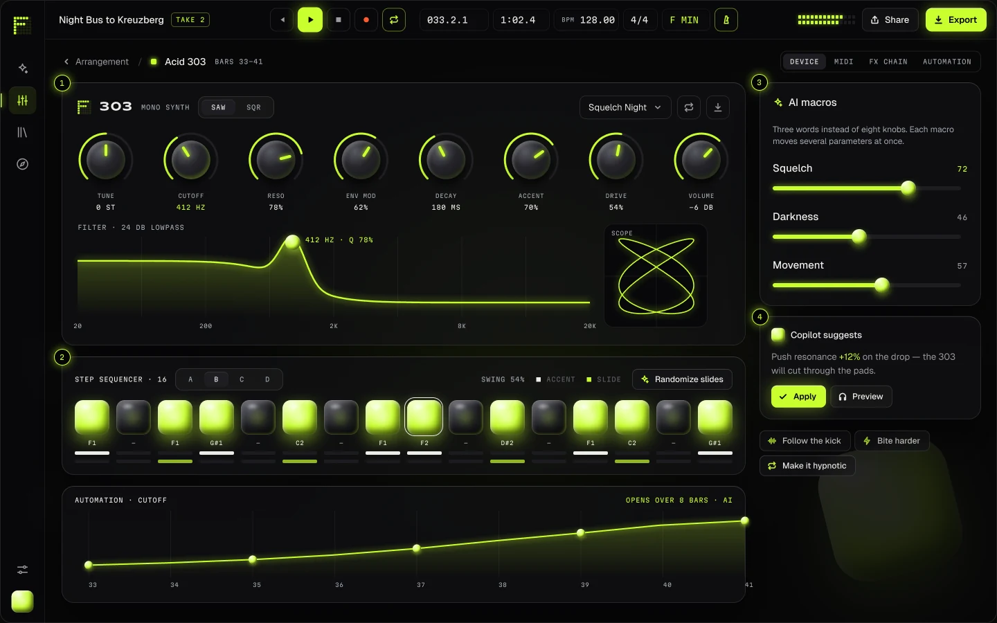 The 303 device: glossy 3D knobs with acid arcs, a step sequencer of lit jelly pads and plain-word macros.