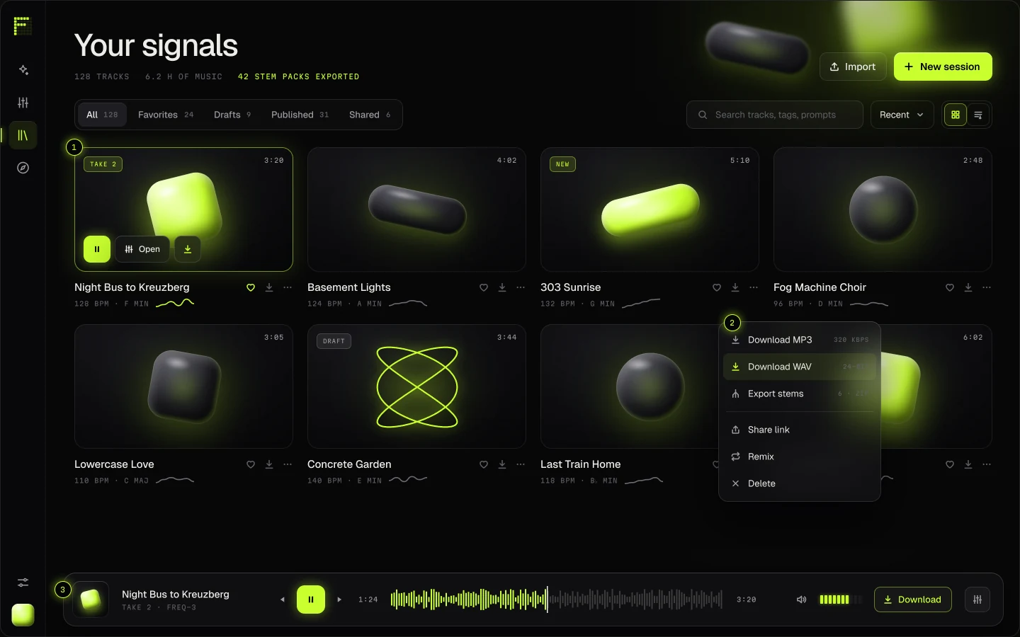 Library: tracks with generative covers and a glass player bar.