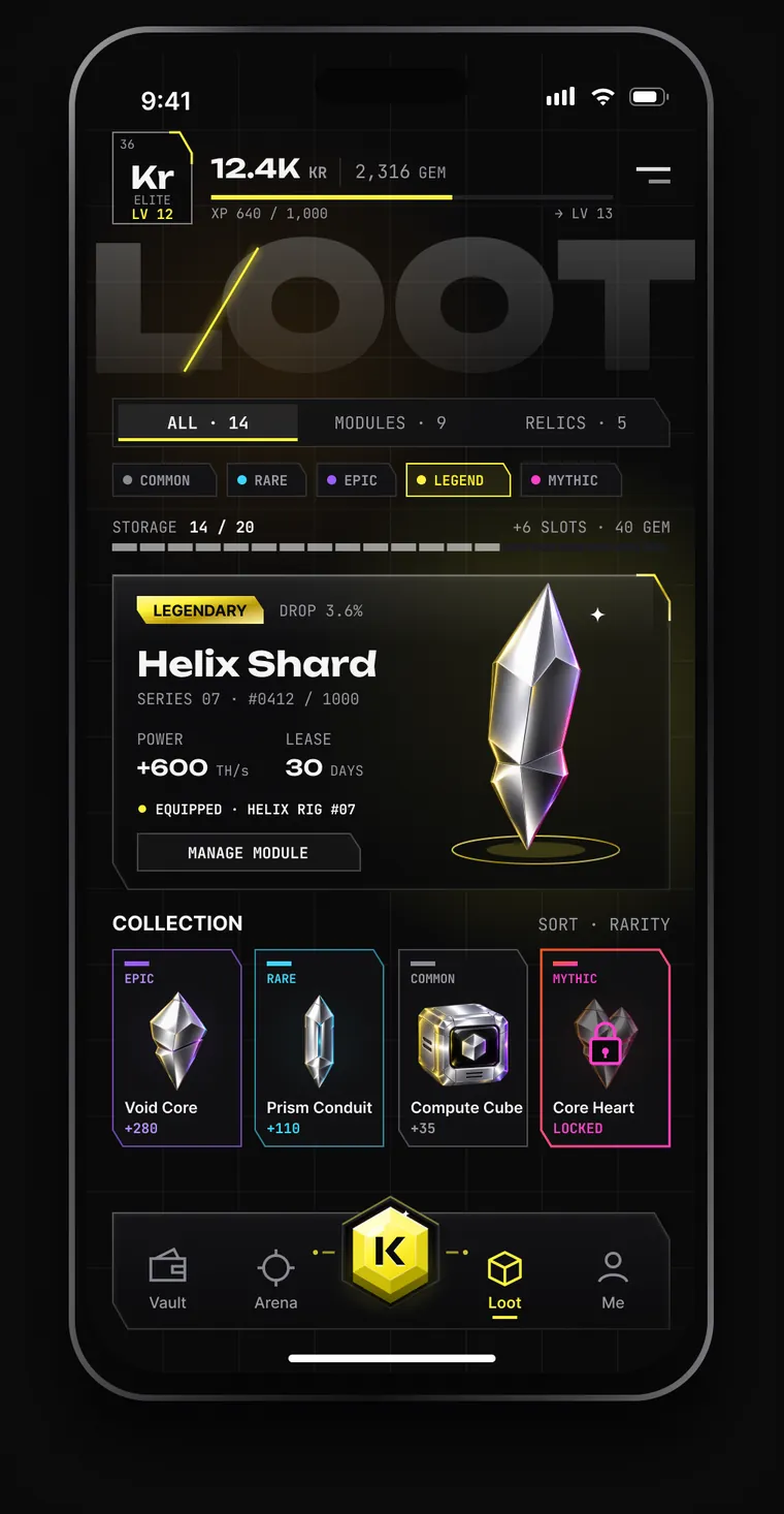 Loot: rarity filters, a featured legendary Helix Shard with power and lease, and a collection of four modules in rarity frames.