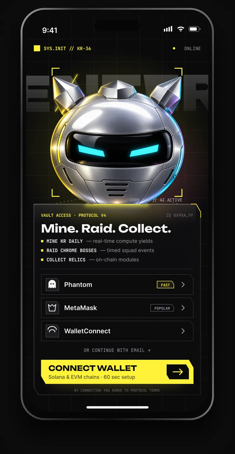 Onboarding: a chrome rig with cyan eyes above the line Mine. Raid. Collect., three wallet options and a yellow Connect wallet button.
