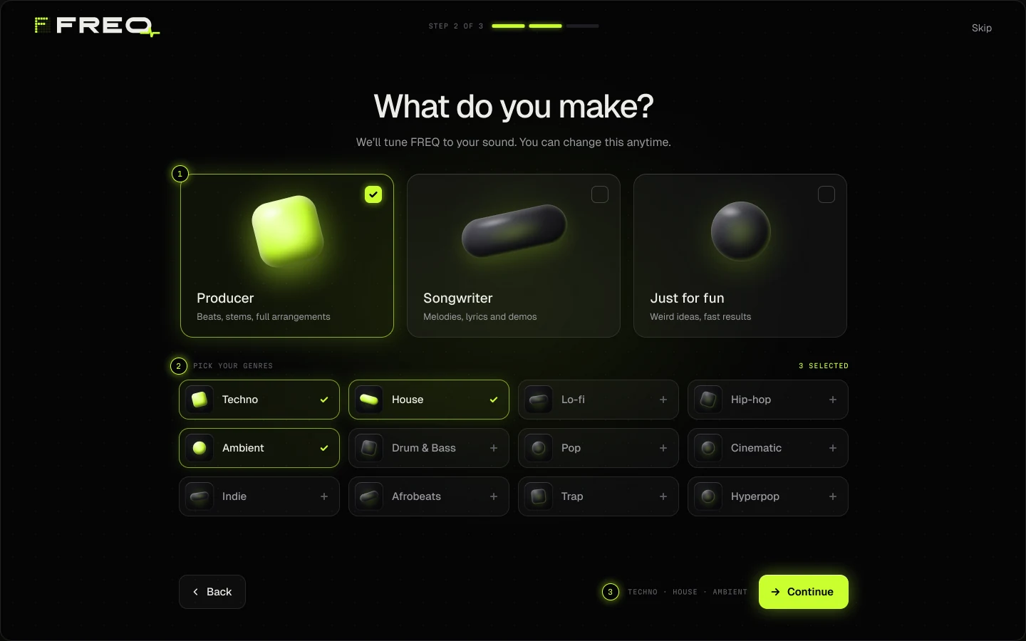 Onboarding: choose a role, then genres with their own generative covers.