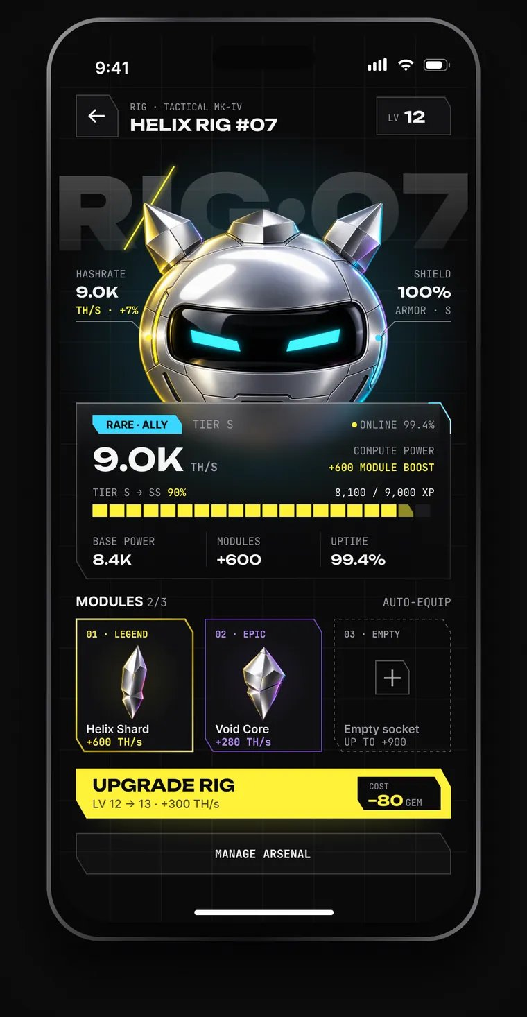 Rig detail for Helix Rig #07: 9.0K TH/s hashrate, a tier progress bar, two equipped modules and an Upgrade rig button costing 80 GEM.