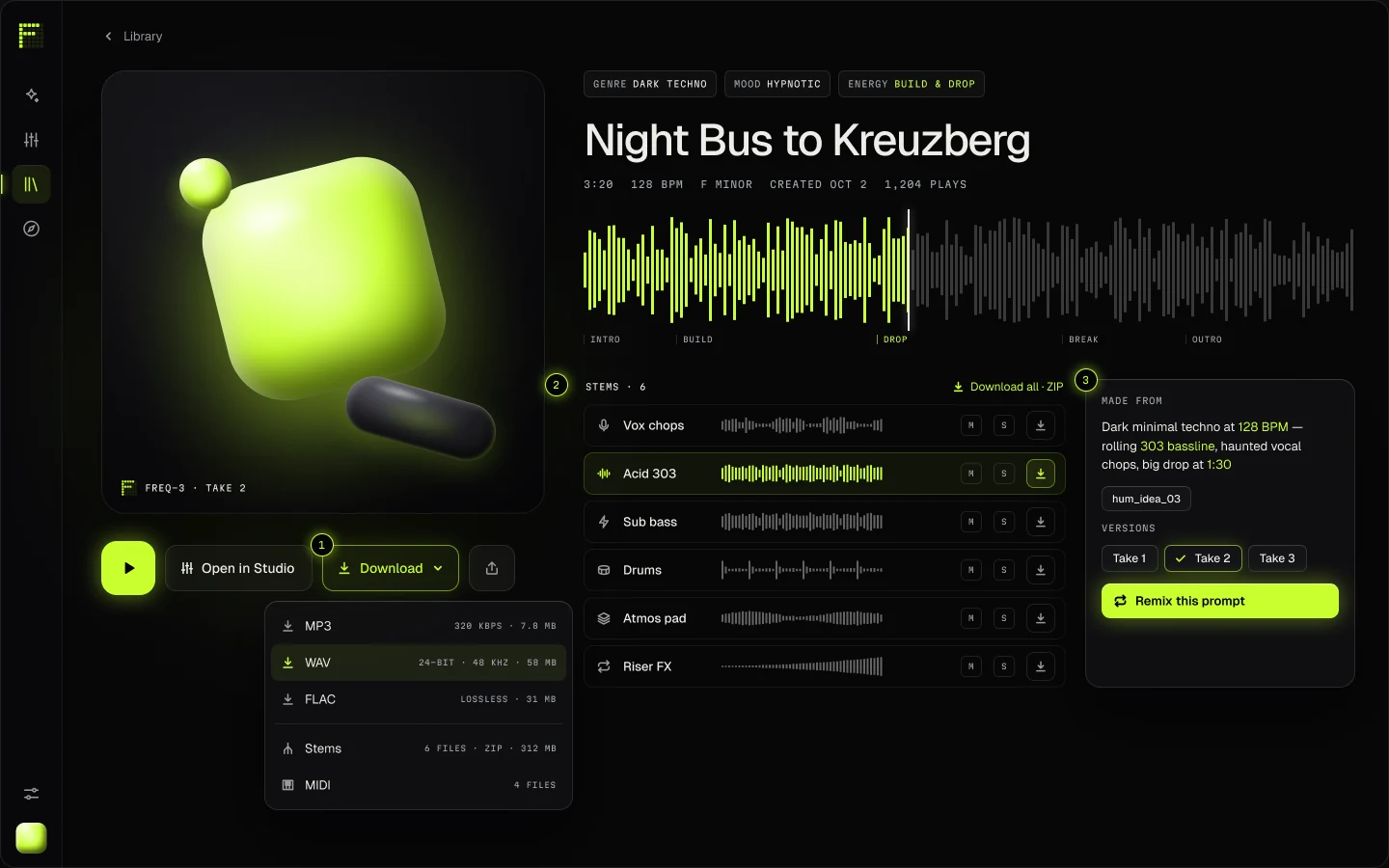 Track page: Night Bus to Kreuzberg with its cover, waveform and stem downloads.