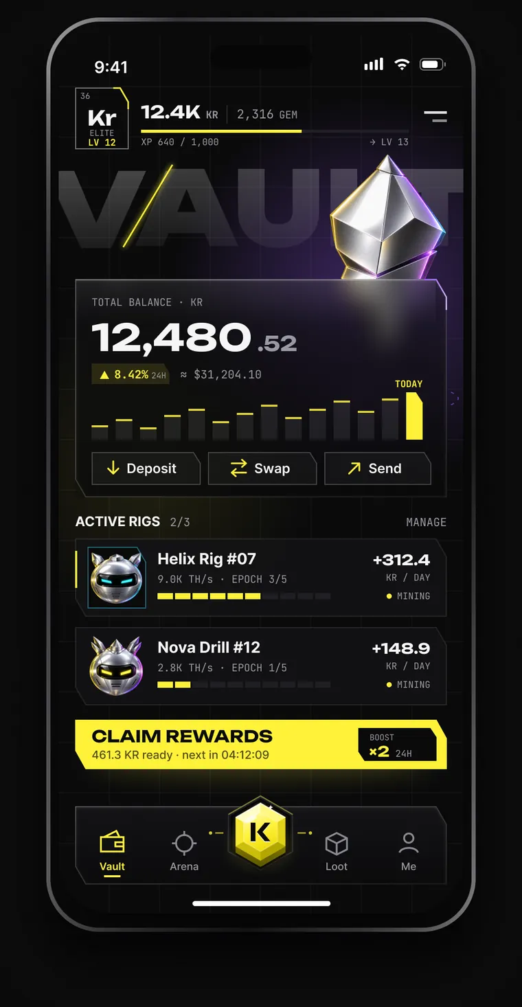 Vault: a balance of 12,480 KR with a daily yield chart, two active rigs and a Claim rewards button.