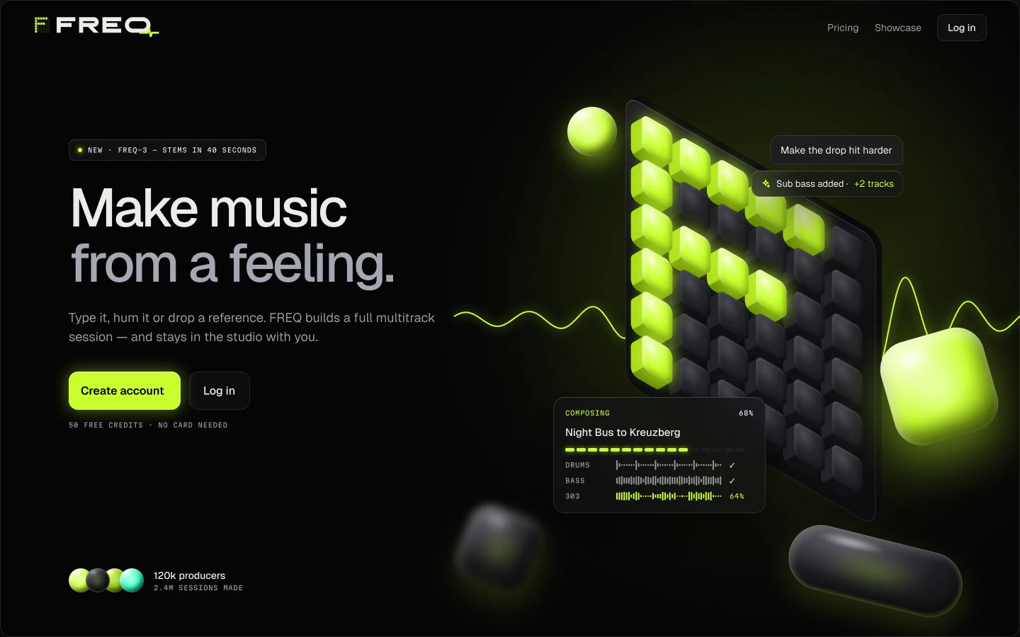 Welcome screen: Make music from a feeling, with the lit F key panel and a generating card.