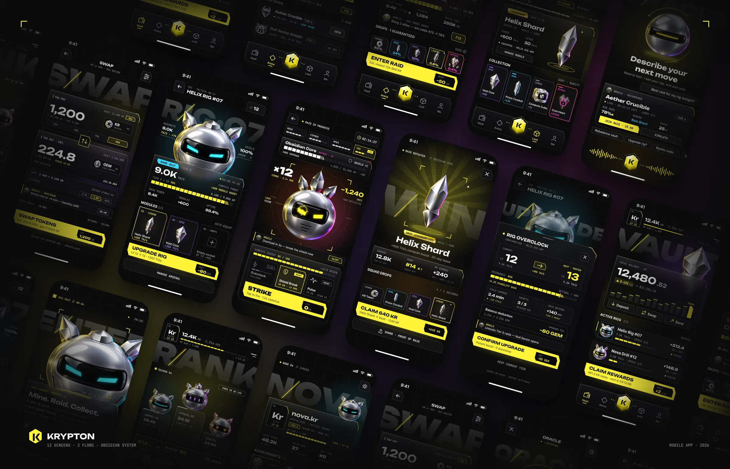 All thirteen KRYPTON screens laid out at an angle on a dark field: swap, rig, raid live, victory, upgrade, vault, leaderboard, profile and more.
