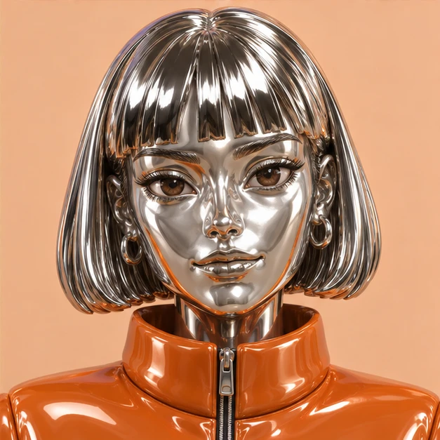 The same woman as a liquid chrome sculpture.