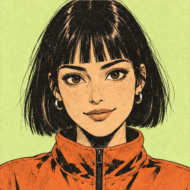 The same woman as an ink and halftone illustration.