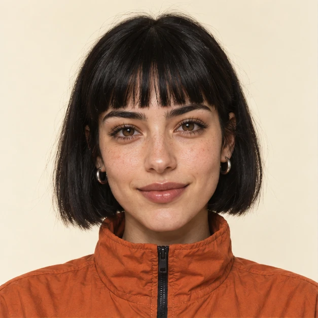 The original photo: a young woman with a black bob and an orange jacket.