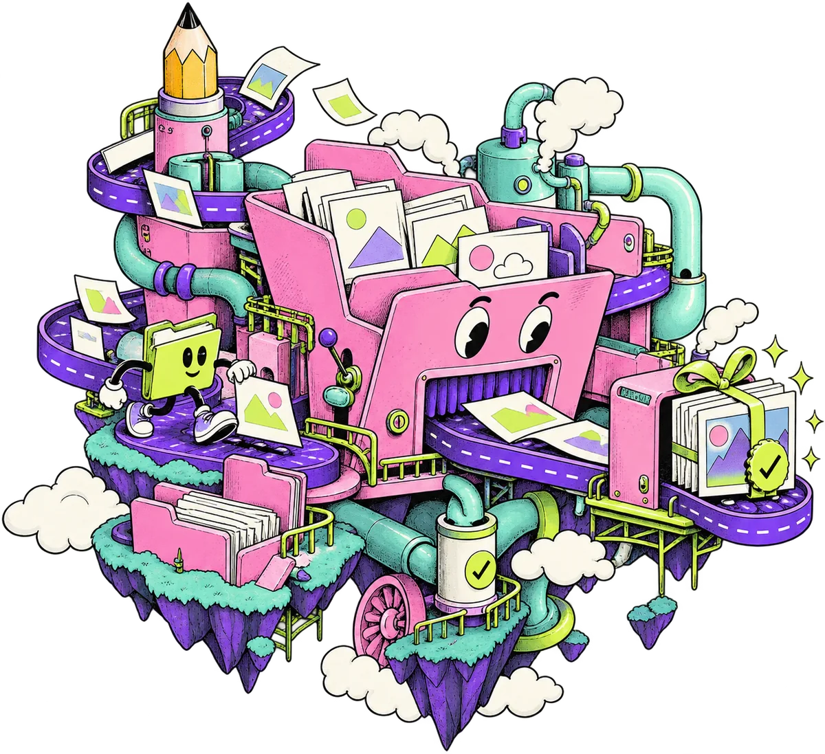The idea workshop: a pink folder-machine on a floating island swallows loose sketches and prints out a wrapped, approved package.