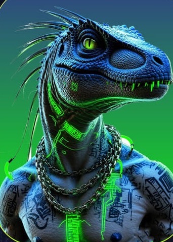 Chained raptor tagged with green graffiti glyphs